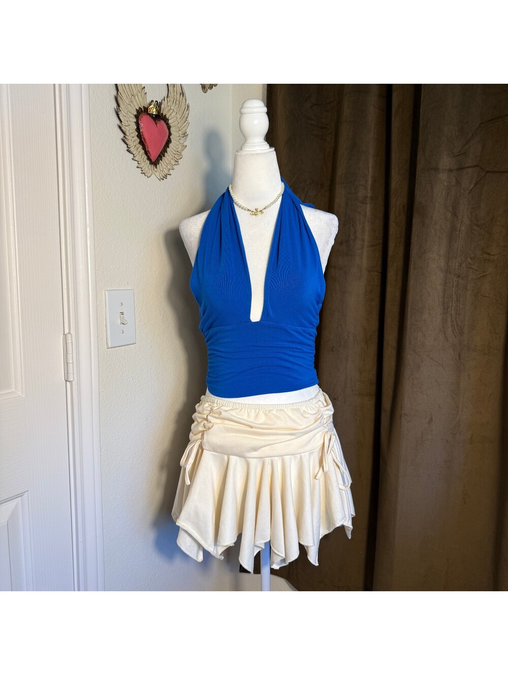 PacSun PAC Cares Cobalt Blue Halter Top Ruched Tie Neck XS Y2K Festival Rave